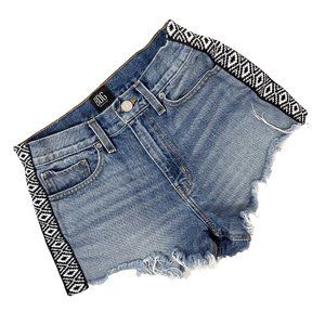 BDG Girlfriend High-Rise Embroidered Denim Raw Hem Shorts Size 27 Aztec